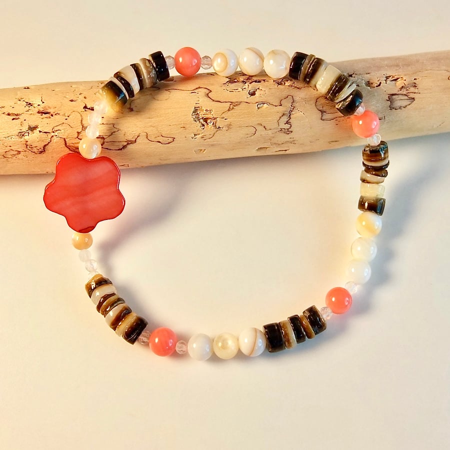 Shell, Coral And Mother Of Pearl Flower Bracelet - Free UK Delivery