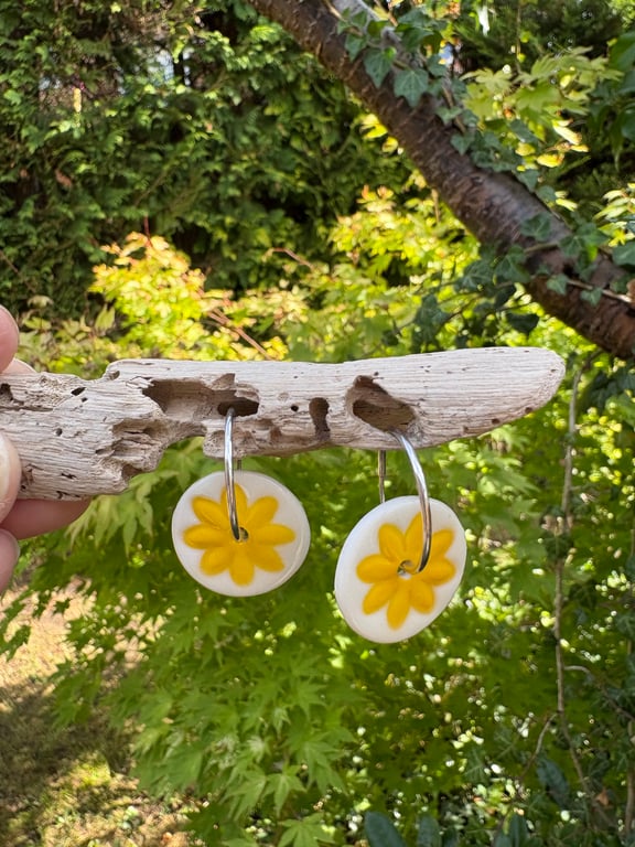 Sterling Silver Endless Hoop Earrings with Glazed Porcelain Yellow Flowers