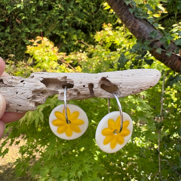 Sterling Silver Endless Hoop Earrings with Glazed Porcelain Yellow Flowers