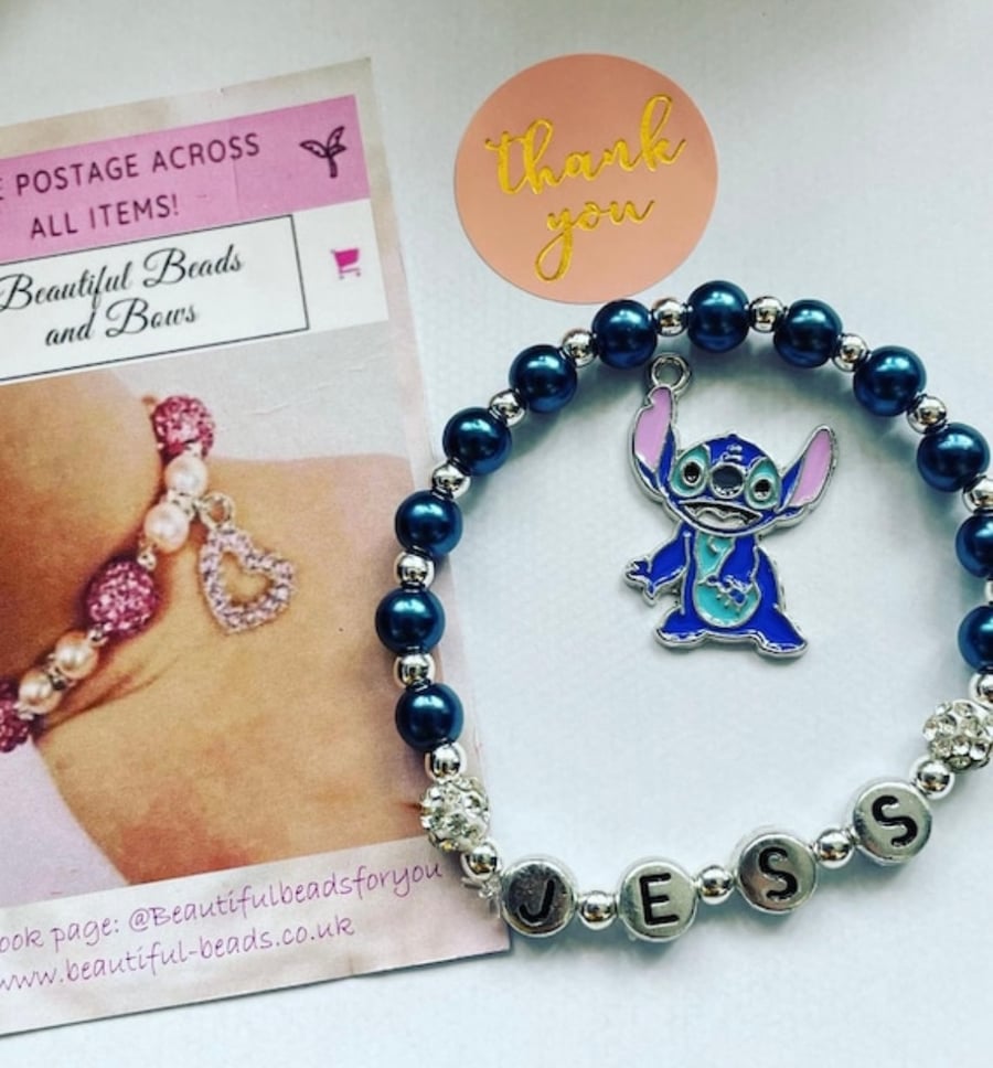 Stitch charm personalised stretch beaded shamballa bracelet gift toddler  adult