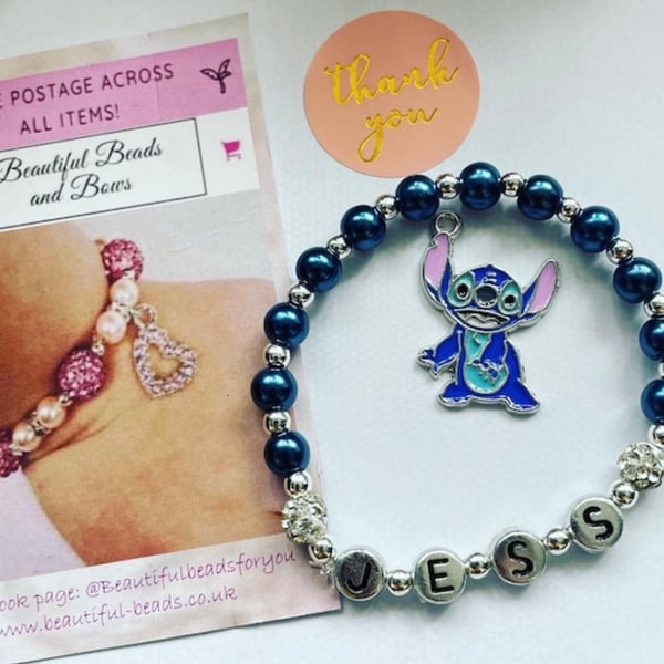 Stitch charm personalised stretch beaded shamballa bracelet gift toddler adult 