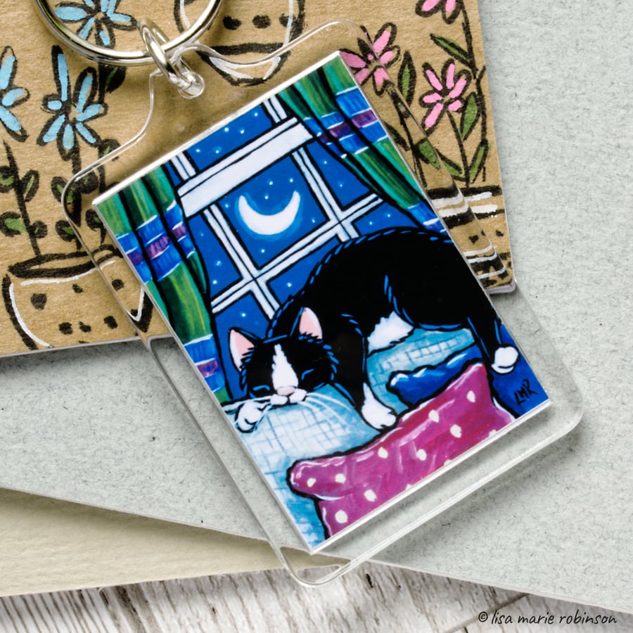 Sleeping Black and White Cat on Sofa Keyring - Large