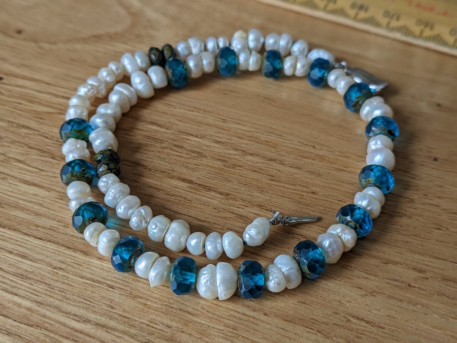The Rock Pool Necklace - Vintage freshwater pearl and fire polished Czech glass
