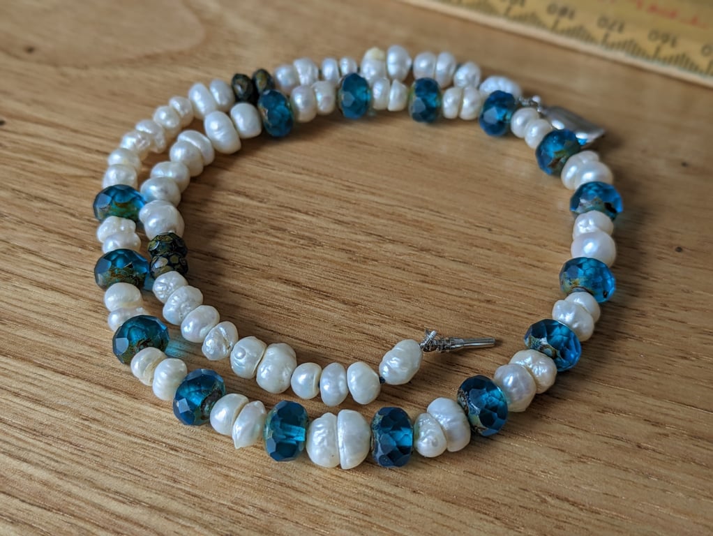 The Rock Pool Necklace - Vintage freshwater pearl and fire polished Czech glass