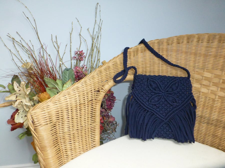 Midnight blue butterfly macrame shoulder bag