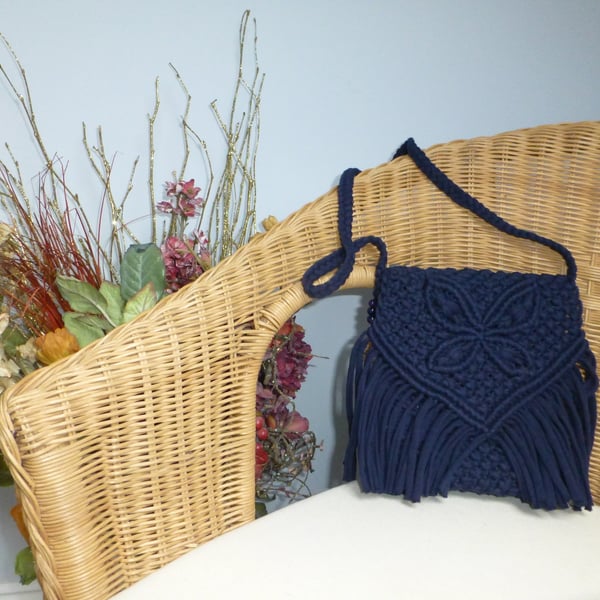 Midnight blue butterfly macrame shoulder bag