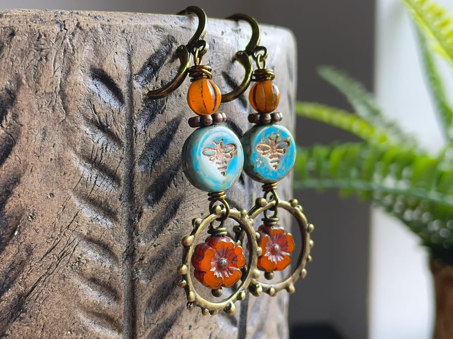 Turquoise & Orange Czech Glass Earrings. Bumblebee Earrings. Summer Jewellery