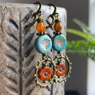 Turquoise & Orange Czech Glass Earrings. Bumblebee Earrings. Summer Jewellery