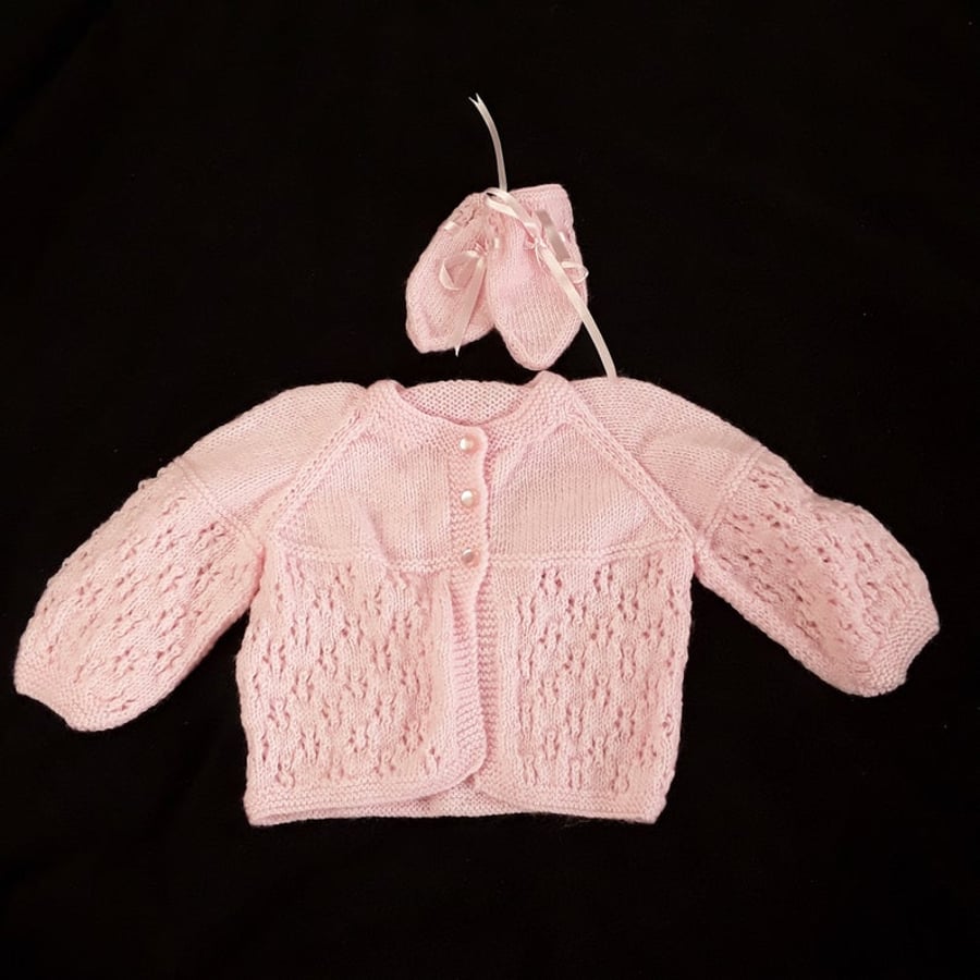 Hand knitted pink baby cardigan and mittens set 3 - 6 months 