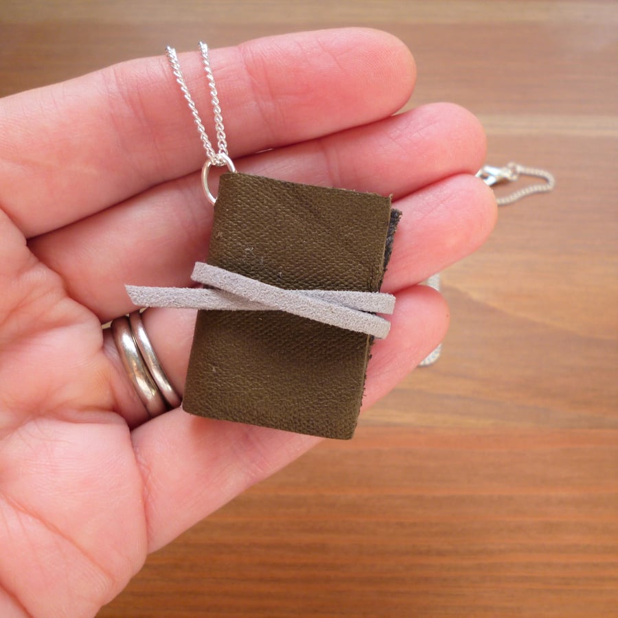 Leather book necklace, miniature book jewellery