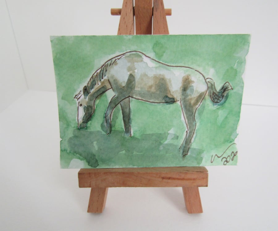 ACEO Art Horse Feed Original Watercolour & Ink Painting OOAK