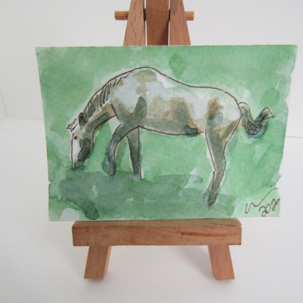 ACEO Art Horse Feed Original Watercolour & Ink Painting OOAK