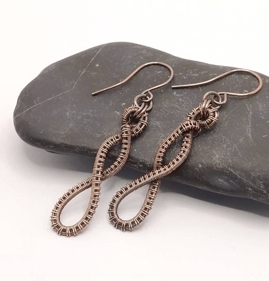 Twist Infinity Drop Oxidised Copper Wire Wrapped Earrings 