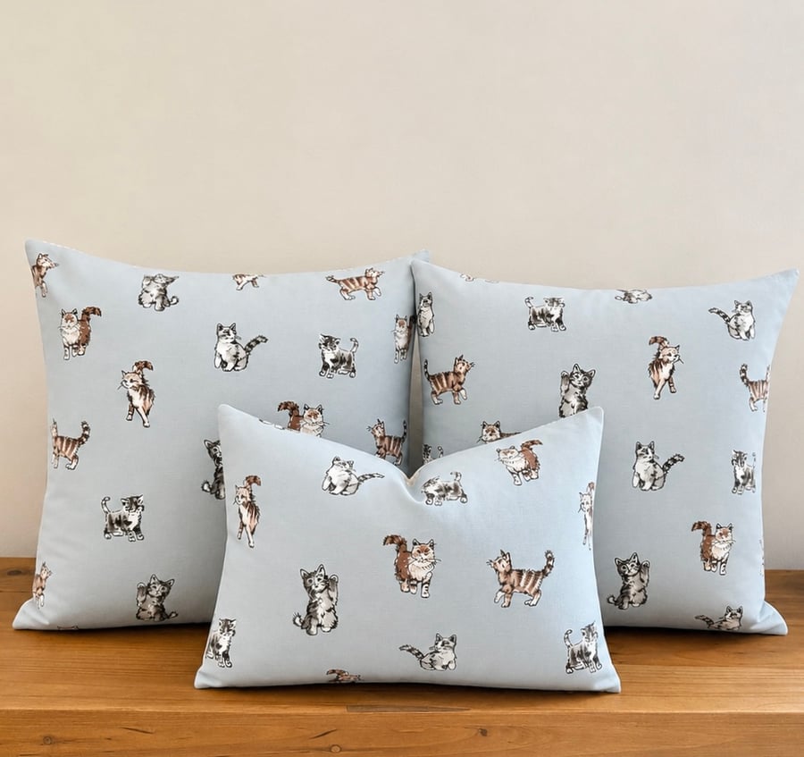 Powder Blue Cat Print Cushion Covers with Ticking Stripe Back