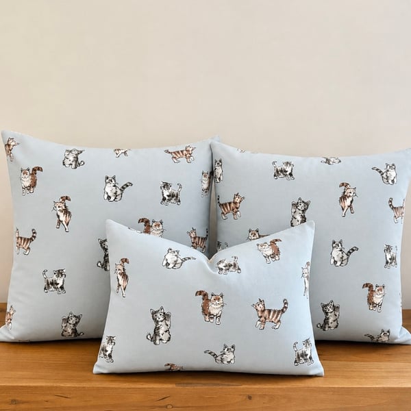 Powder Blue Cat Print Cushion Covers with Ticking Stripe Back
