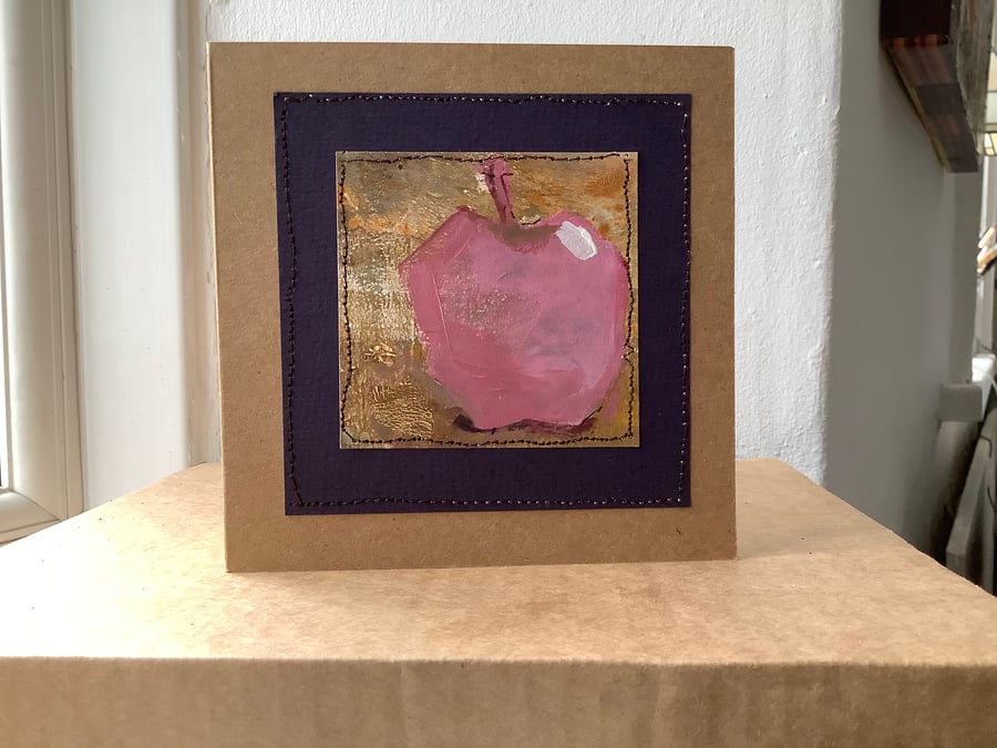 Original handmade greeting card with a semi abstract printed apple . Blank.