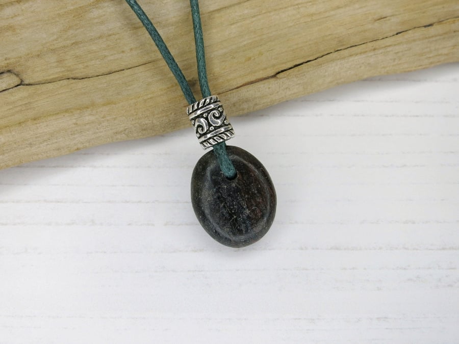 Cornish Serpentine Pendant with Metal Wave Bead Sea Green Cord