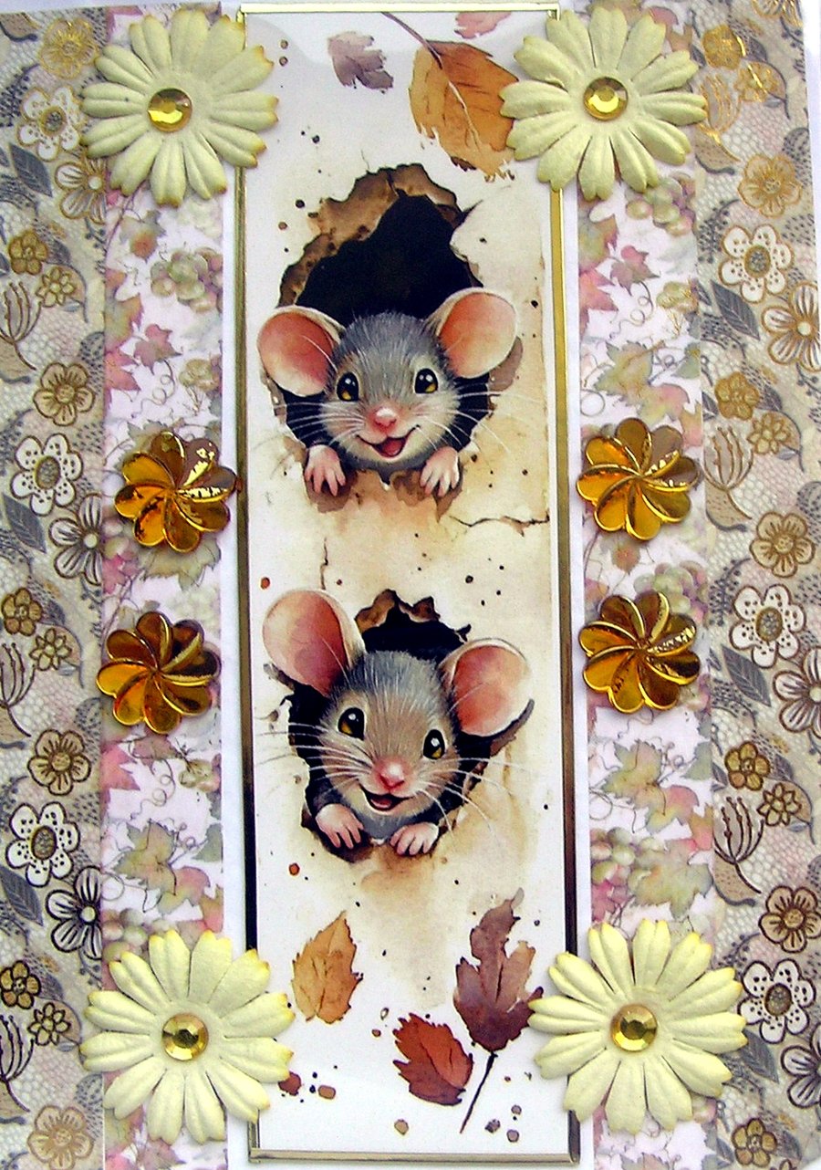 Playful Mice Mouse - Hand Crafted Decoupage Greeting Card - Blank (3788)