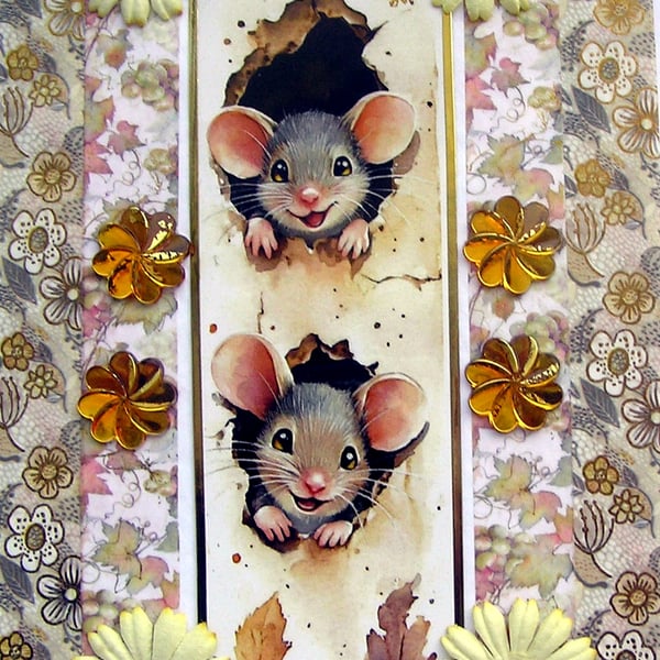 Playful Mice Mouse - Hand Crafted Decoupage Greeting Card - Blank (3788)