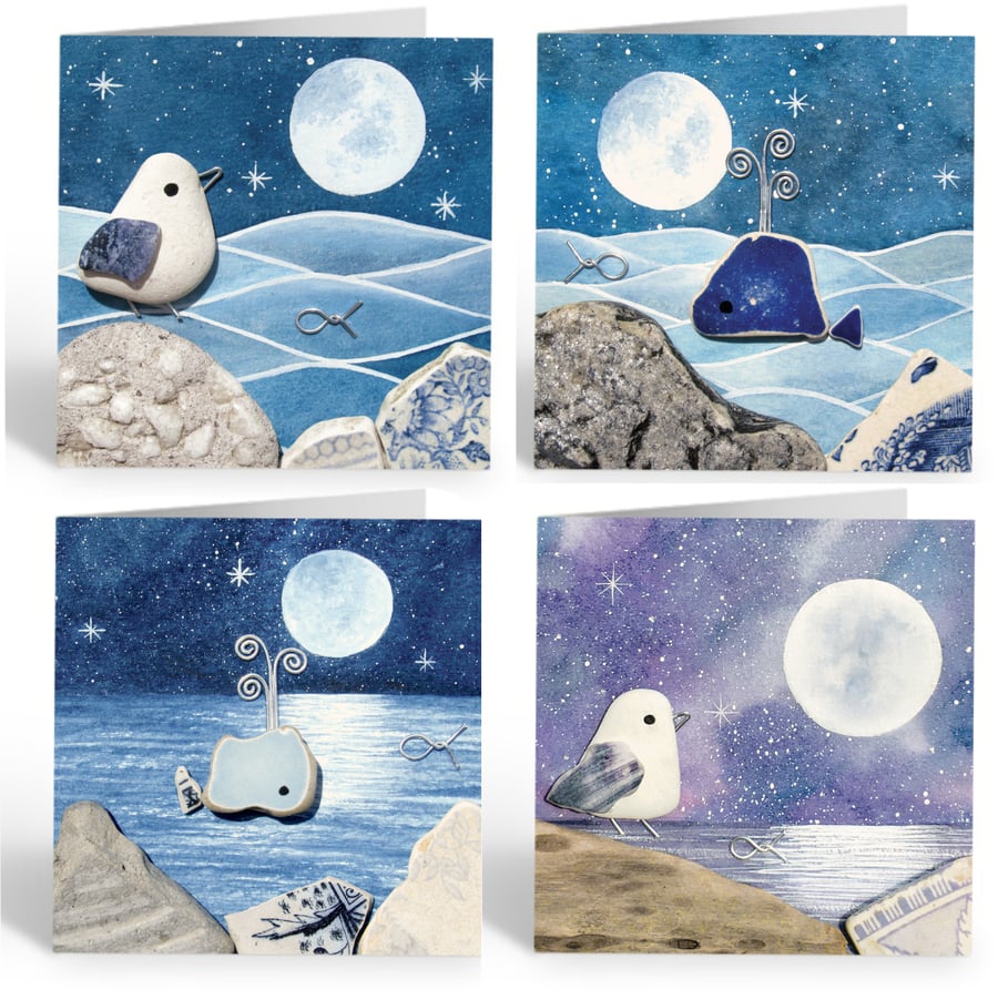 Greetings Cards (Pack of 4) - Watercolour & Pebble Art - Seagulls and Whales