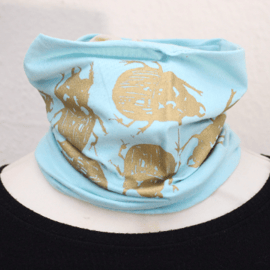 Handmade lined pale turquoise Neck warmer,gold beetle print,unisex, Eco gift