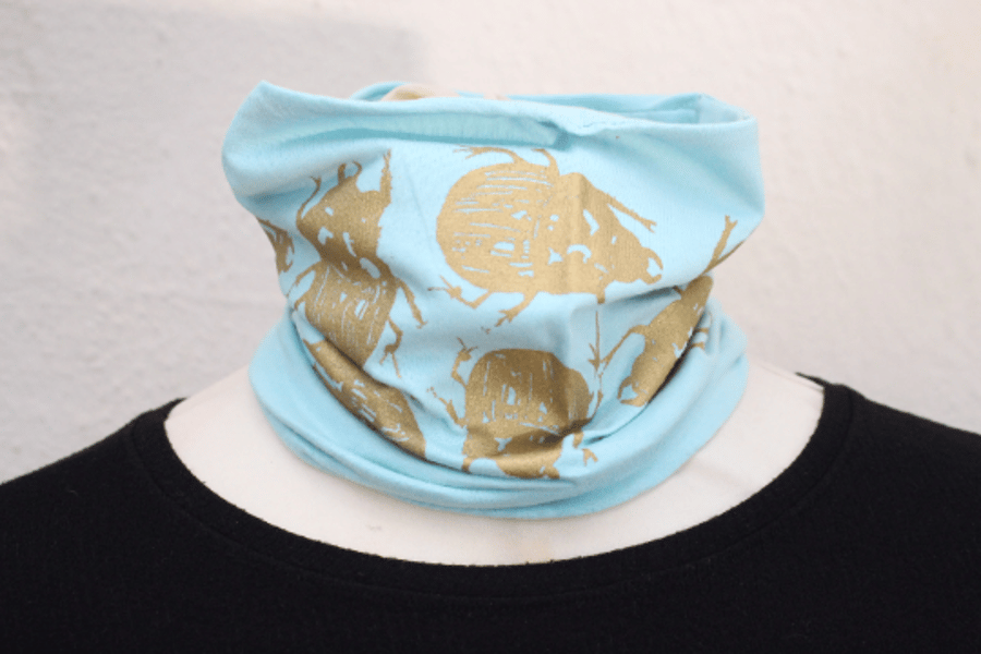 Handmade lined pale turquoise Neck warmer,gold beetle print,unisex, Eco gift