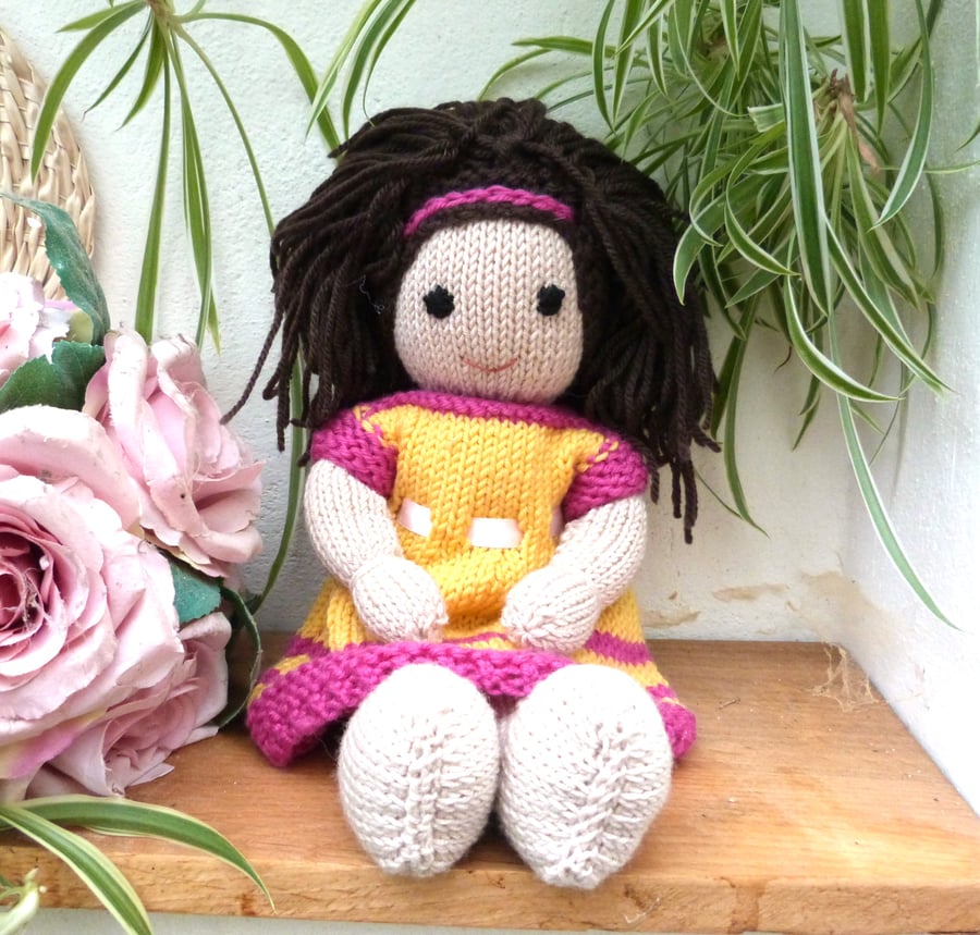 Doll. Hand Knitted Doll 12" handmade Doll with Brown Hair & Removable  Dress