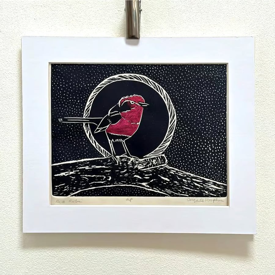 Festive Red Robin Hand Printed Linocut with Pearlised Watercolour