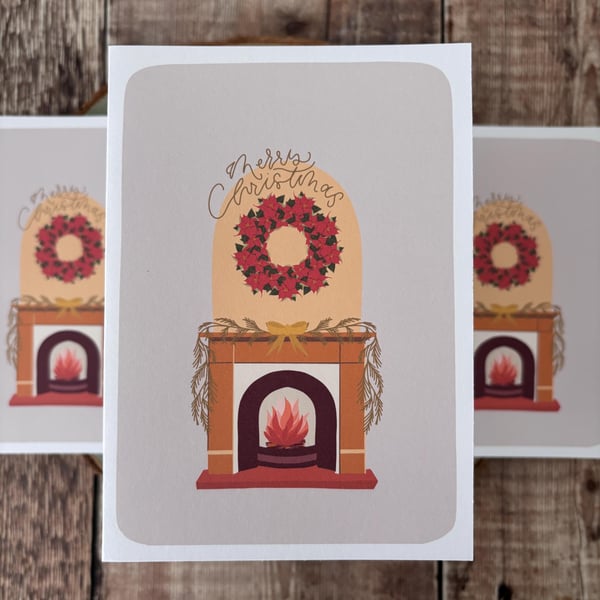 Cosy Fireplace Christmas Card: Hand-Drawn Design
