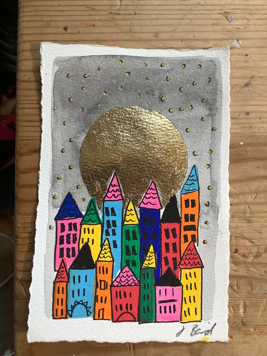 Original drawing. Midnight. Bright, colourful. Houses. Moon. Art 