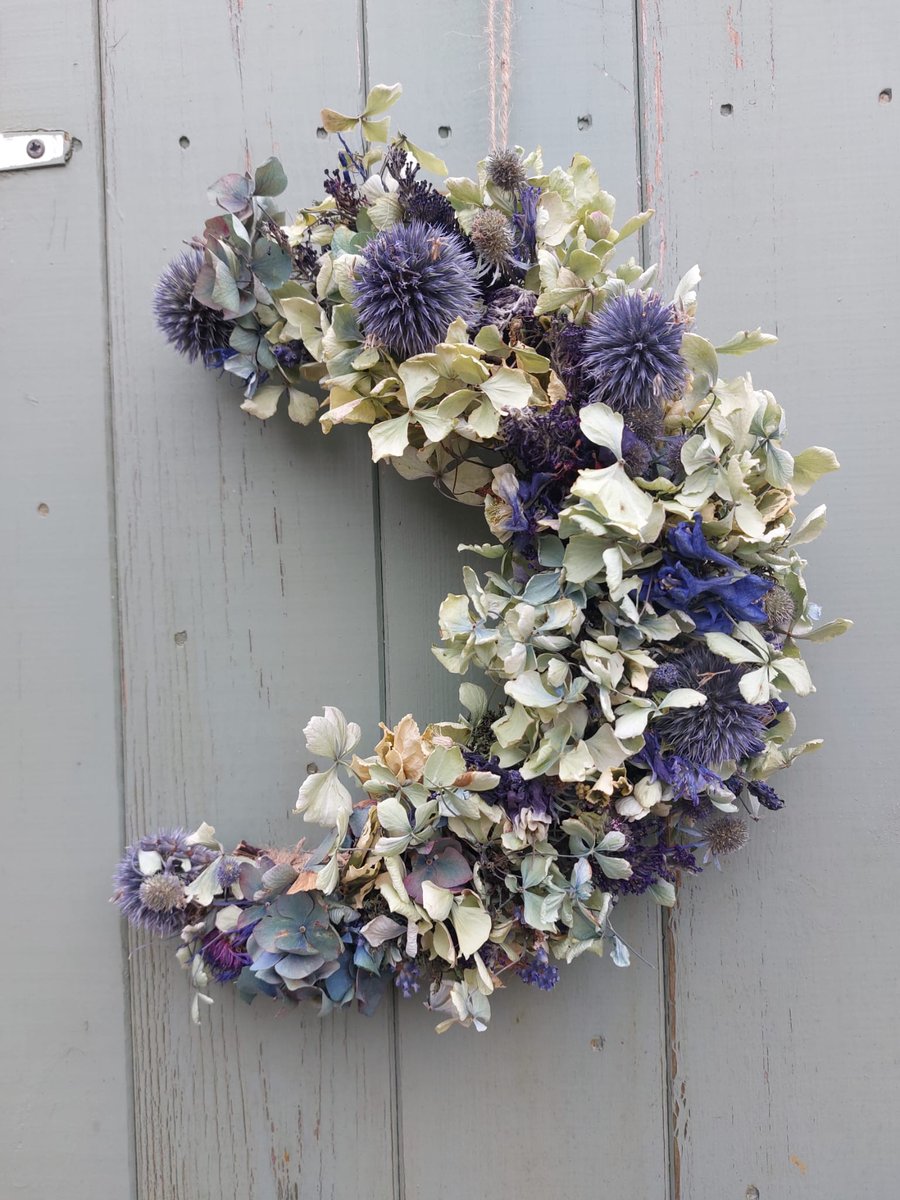 Dried Flower Crescent Moon Shape Wreath. Shades of Blue and Green. 