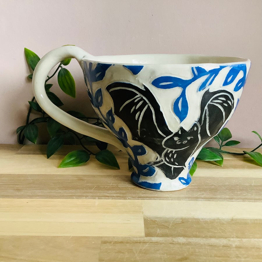 Handmade stoneware sgraffito bat mug tea coffee cup 