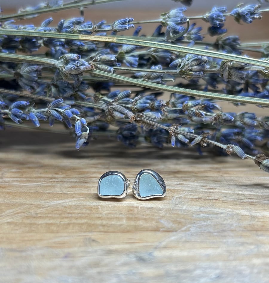 Handmade Sterling & Fine Silver Stud Earrings with Welsh SeaGlass