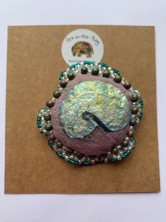 Handmade and hand painted fabric pin brooches with Pearl Nautilus design 
