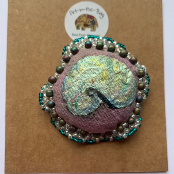 Handmade and hand painted fabric pin brooches with Pearl Nautilus design 