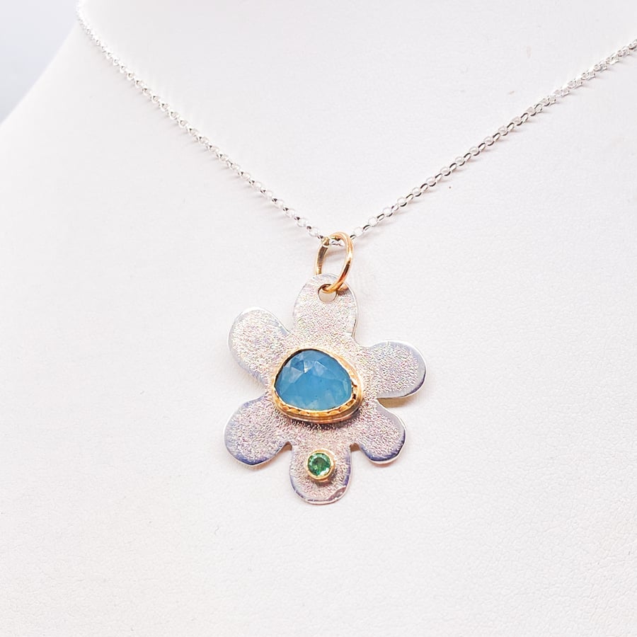 Aquamarine and Emerald Gold and Silver Handmade Pendant 