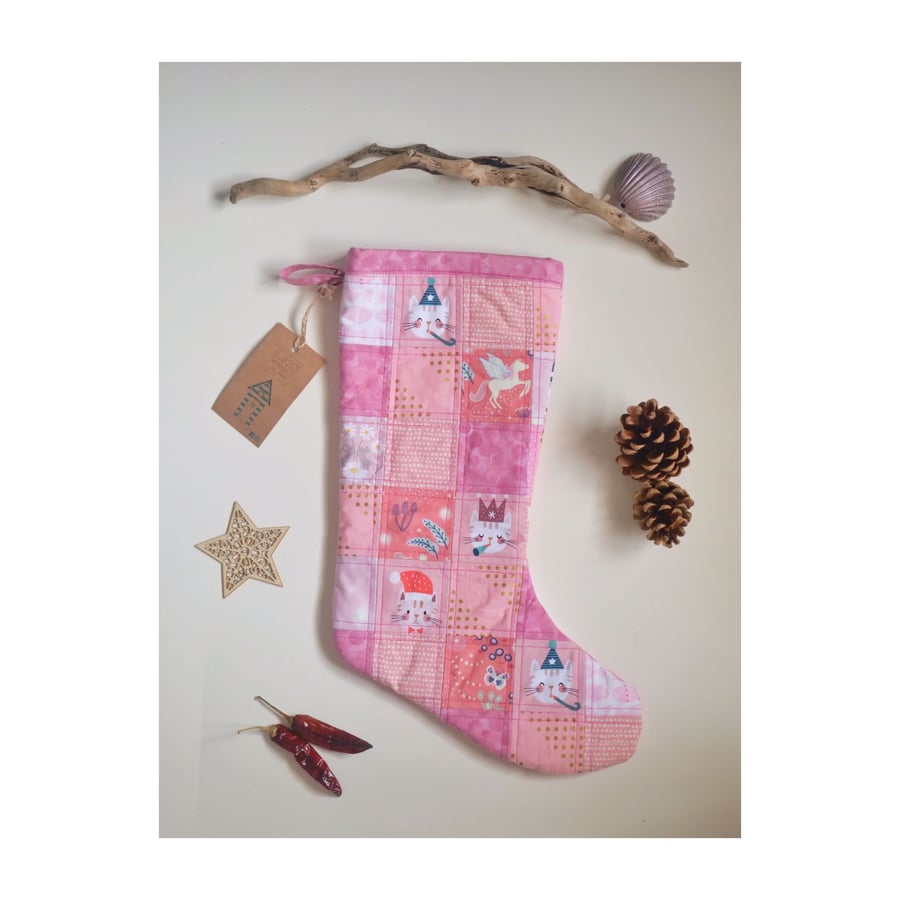 Pink Christmas stocking with cats