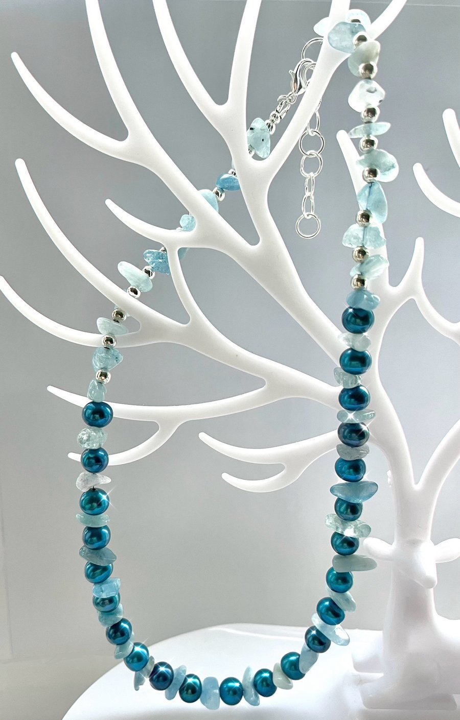 Blue Freshwater pearls, Blue Aquamarine necklace 