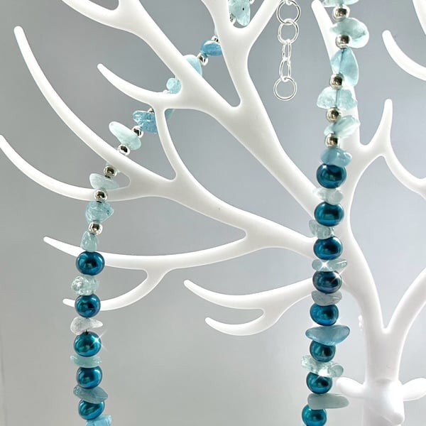 Blue Freshwater pearls, Blue Aquamarine necklace 