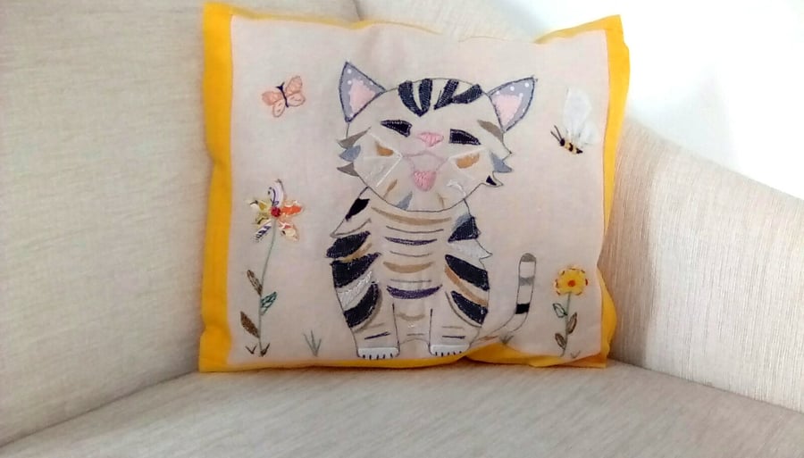 Cat Embroidered Linen Cushion, Cat cushion, Linen Cushion
