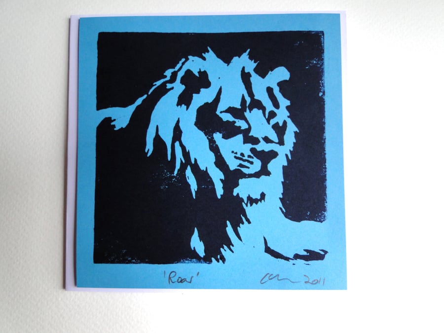 Lion "Roar" Blank Square Lino Printed Greeting Card