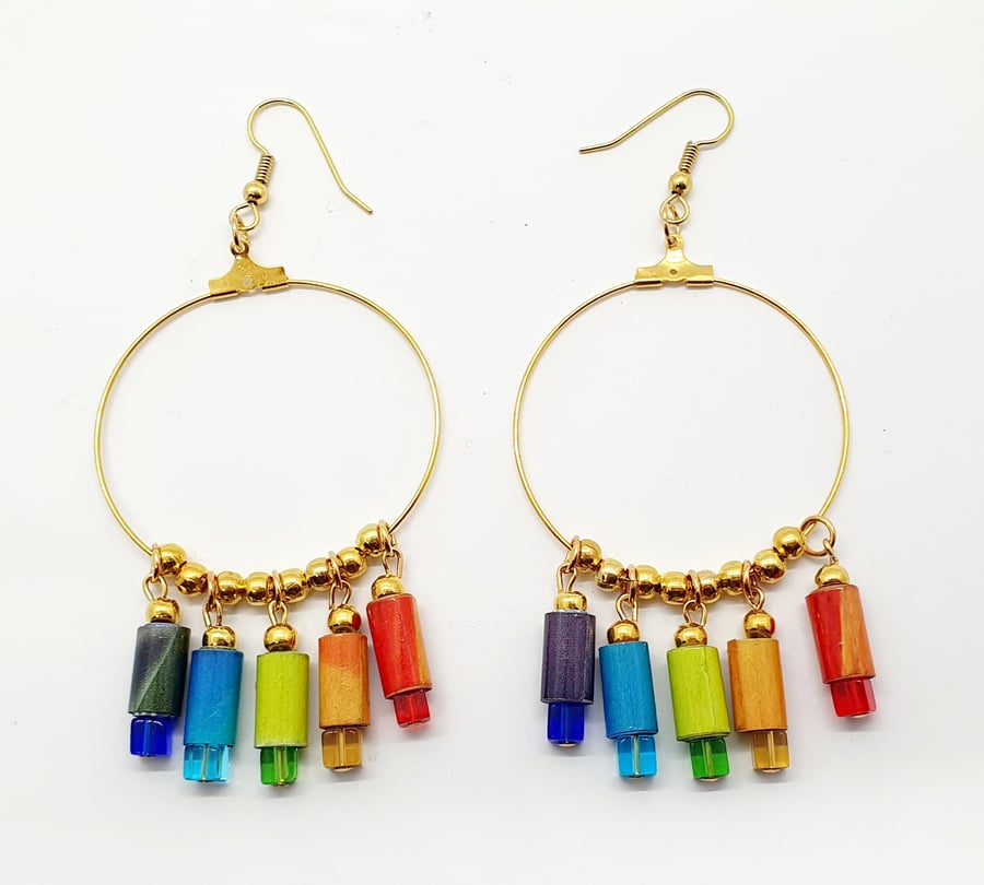 Vibrant rainbow paper beaded large hoop earrings
