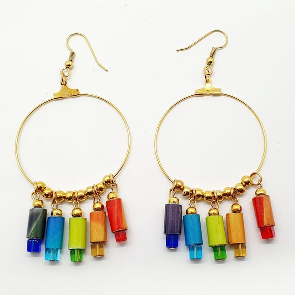 Vibrant rainbow paper beaded large hoop earrings