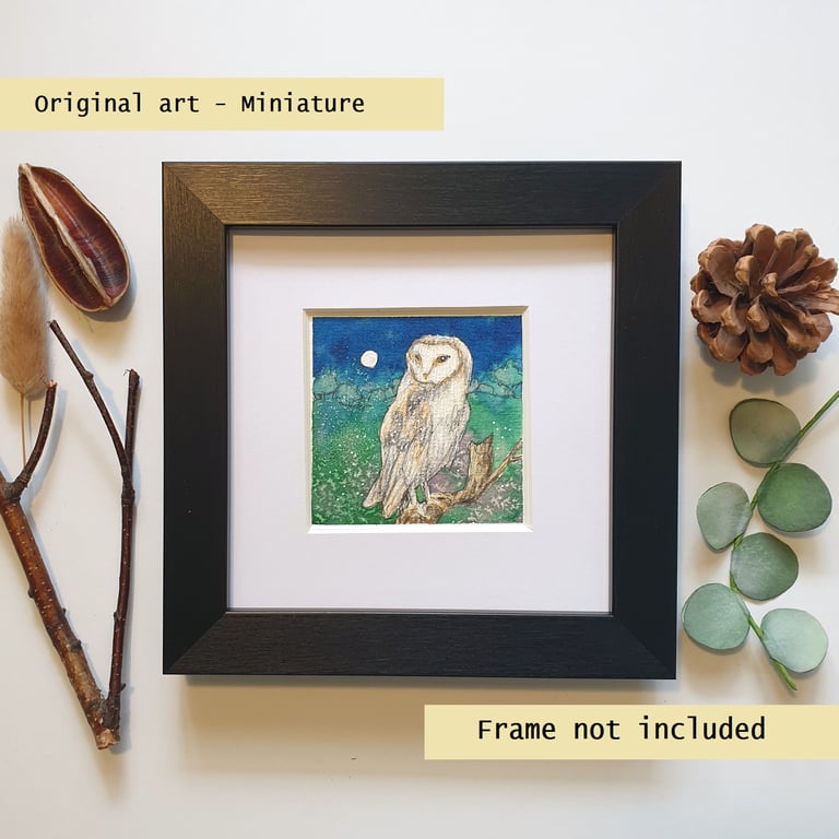 Tiny barn owl original art miniature, bird painting, wall art