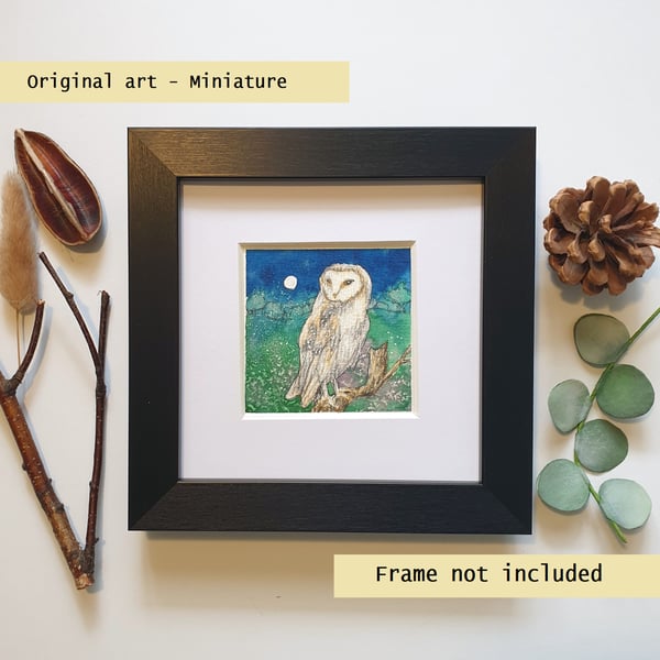Tiny barn owl original art miniature, bird painting, wall art