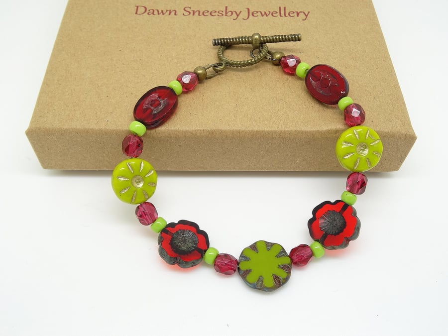 Red Bracelet, Green Bracelet,Flower Bracelet,Czech Glass Bracelet,Pansy Bracelet
