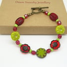 Red Bracelet, Green Bracelet,Flower Bracelet,Czech Glass Bracelet,Pansy Bracelet
