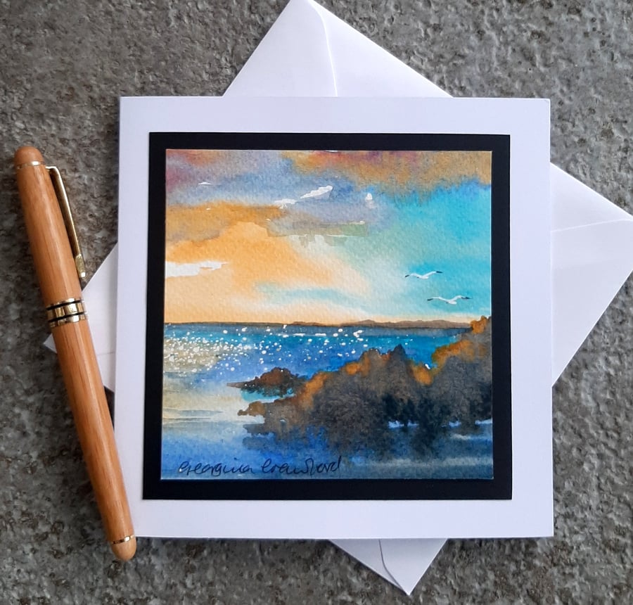 Handpainted Blank Card Of an Ocean Sunset with Birds Birthday, Anniversary Card