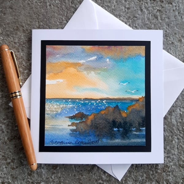 Handpainted Blank Card Of an Ocean Sunset with Birds Birthday, Anniversary Card