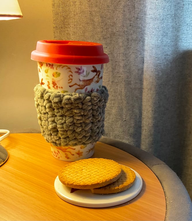 Crochet Cup Cosy in sage green chenille 